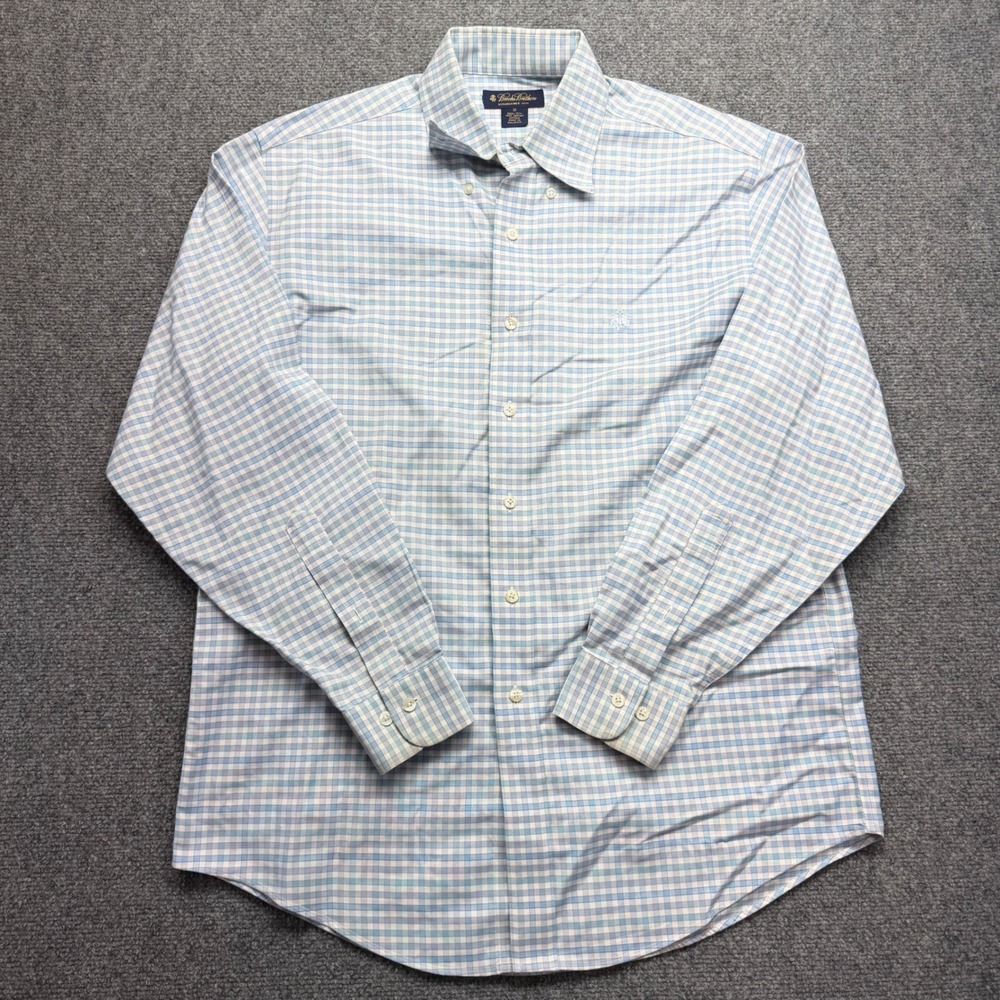 Brooks Brothers Non-Iron Supima Cotton Shirt Blue Check Mens Medium Long Sleeve